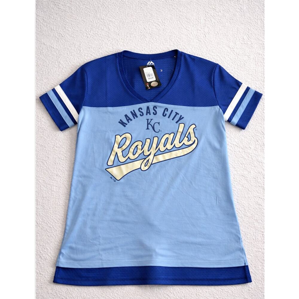 Kansas City Royals Majestic Women’s Medium Blue Mesh V-Neck Shirt NWT MLB